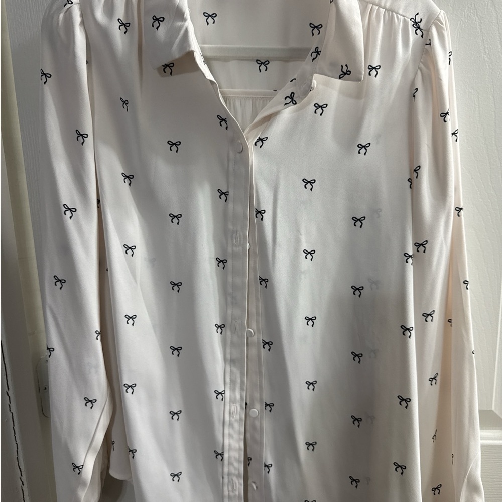LC Lauren Conrad White Blouse with Black Bow Pattern